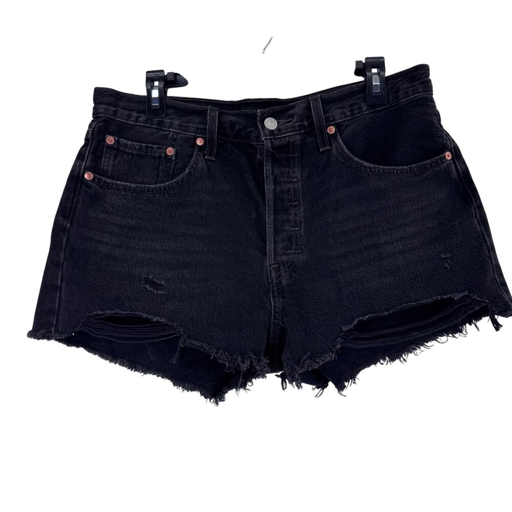Levis Black Denim Shorts High Rise Raw Hem Distressed Button Fly Size 31 summer